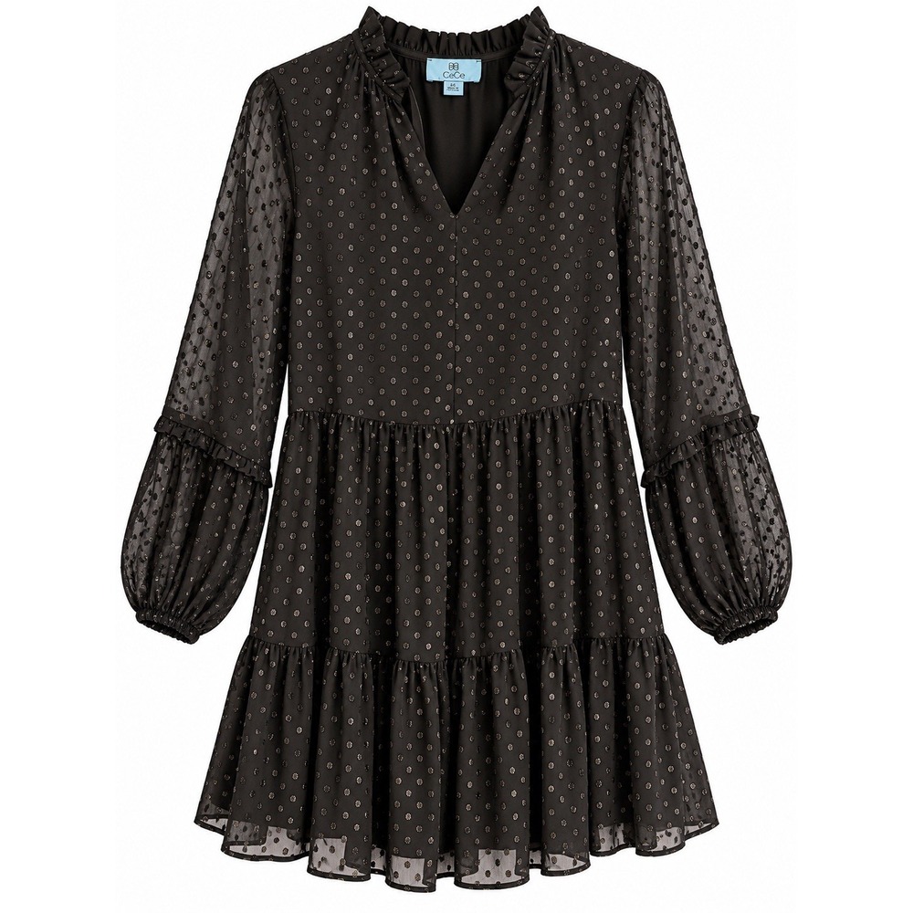 CeCe Babydoll Whimsygoth Dress XS Black Metallic Dot Sheer Sleeve Tiered Party
